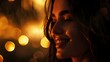 The soft glow of twilight envelops the serene visage of a woman, her smile a beacon of light in the gathering darkness