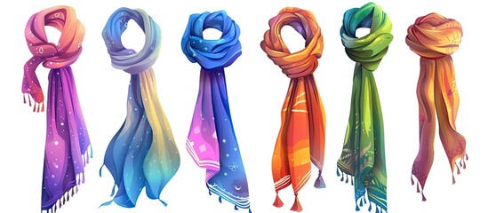 Wall Mural - A joint row of colorful scarves on white background arm, neck, headgear, and finger accessories for human body organism. Purple hues add gesture