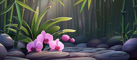 Wall Mural - A beautiful painting of magenta orchids blooming in a bamboo forest, showcasing the contrast between the delicate flowers and the sturdy trees