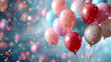 Poster -   A cluster of red, white, and blue balloons drifting in the air with colorful confetti showering down