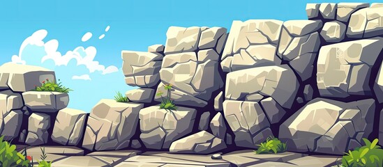 Wall Mural - A cartoon illustration of a rocky landscape with a blue sky background, featuring grass and a tree. The scene includes a natural landscape with bedrock and clouds