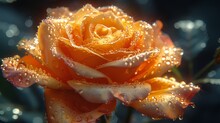   A Yellow Rose With Water Droplets On Its Petals Against A Deep Blue Backdrop