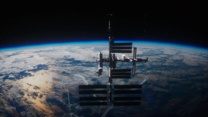Wall Mural - vision of the rotating International Space Station illuminated by the sun captured from a satellite in orbit. elements furnished by NASA