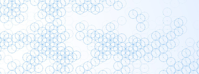 Wall Mural - Abstract blue background of circles. Geometric texture of plexus balls, dots. Circular ornament. Chain of cells. Close bond. Poster for technology, medicine, presentations, business. Vector.