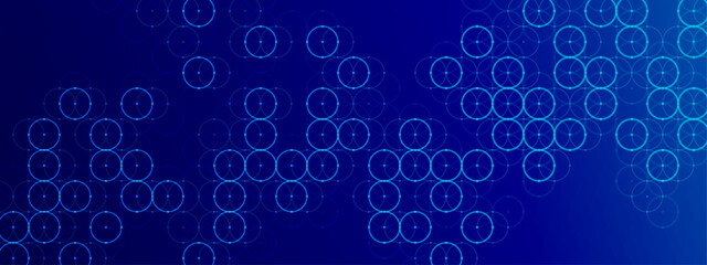 Wall Mural - Abstract vector neon blue background of circles. Geometric texture of intersecting balls, dots. Circular ornament. Сhain of cells. Сlose bond. Banner for technology, medicine, presentations, business.