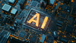 'AI' embedded on PCB motherboard, direct overhead view, complex circuits, clear labeling, bright light