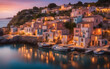 Panoramic view of a picturesque coastal village at sunset, pastel houses reflecting in the calm sea