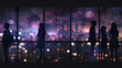 Silhouette of  people at a night party against a colorful city bokeh