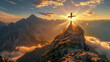 Majestic Sunrise Behind the Christian Cross on a Mountain Summit