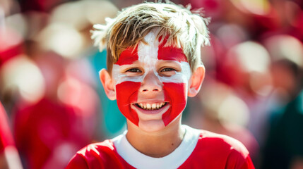 Happy Young Danish Fan with Red and White Flag Face Paint on a Soccer Match