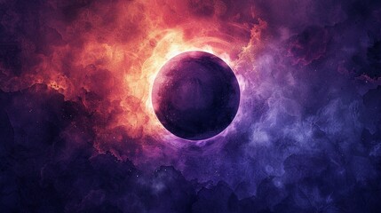 Watercolor illustration of an eclipse, with intense color saturation, wide lens, showing dazzling light flares, on a rich purple backdrop