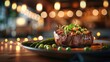 A beautifully plated steak with asparagus and peas, placed on an elegant plate in front of a dimly lit pub interior. The focus is sharp, highlighting every detail from the juicy texture