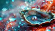 A closeup of an oyster shell with a glittery blue pearl inside, on the red surface with water droplets and drops of seafoam