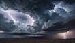 Dramatic thunderstorm clouds with intense lightning strikes over a serene desert landscape, capturing nature's powerful display.