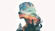A double exposure illustration of the silhouette and full body portrait of an attractive woman with long hair, filled with trees, mountains, clouds, river, and plants