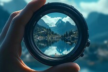 A hand holding a camera lens with mountains and nature reflected, symbolizing perspective and creativity. 