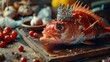 A photo of a fish with a crown on its head on a table, in the style of commercial photography, creative advertising images, commercial product shooting scenes