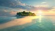 Photorealistic image of a secluded island at dawn the soft light of the rising sun casting a warm glow over the tranquil beach