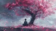 Stylized illustration of a person meditating under a cherry blossom tree