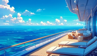 Canvas Print - A luxury cruise ship's deck with lounge chairs, overlooking the ocean under clear blue skies. 