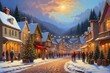 Colorful christmas snowy winter village landscape illustration, holiday seasonal theme concept.  