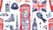 This is a watercolor London pattern with hand-drawn elements: a red phone booth, a Big Ben clock, a flag of Great Britain, a policeman's helmet, a polka dot bow tie, and a red bus.