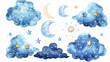 Children's Night Sky Illustrations. Cloud Nursery Decor. Hand Drawn Watercolor Clip Art. Nursery Wall Art.