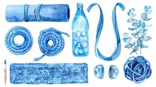 The Clip Art Shows A Blue Sports Topic, A Yoga Mat, A Metal Water Bottle, And Blue Crochets For A Comfortable Workout At Home.