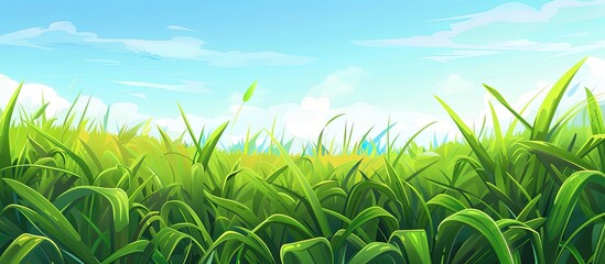 Canvas Print - The natural landscape features a vast field of lush green grass under a pristine blue sky, creating a picturesque scene for people to enjoy in nature