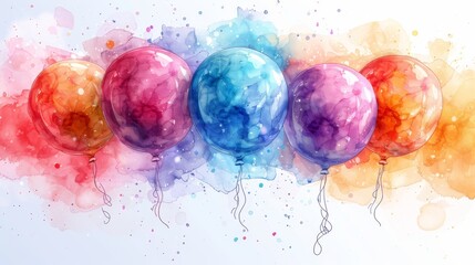 Poster -   A cluster of balloons drifting through the sky, sporting watercolor stains at their base