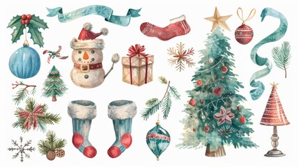 Wall Mural - Clip art of Christmas watercolor decoration, ornaments, winter holiday essentials, and Christmas tree decoration. Digital Christmas Stickers, nutcracker, socks, hand made toy, ribbon, lamp.