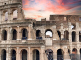 Fototapeta Krajobraz - Close up of Rome Colosseum columns or ruin with amazing blue hour sky photography