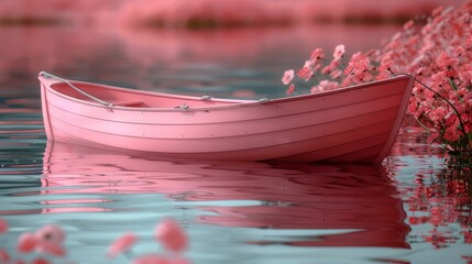   Pink boat drifts atop water, surrounded by blooming pink flowers