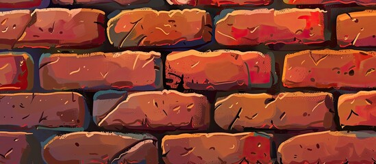 Poster - A detailed image of a brick wall showcasing the building material in a rectangular pattern with shades of carmine and electric blue, perfect for flooring or a rooftop design in a cuisine dish