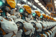 Team of robots and engineers, factory setting, digital group portrait, crisp lighting, detailed machinery background