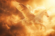 Majestic Pegasus soars through golden skies, wings outstretched.
