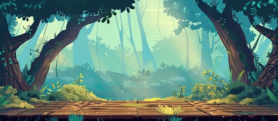Wall Mural - A wooden table sits beneath the sky in the middle of a lush green forest, surrounded by plants and trees. The natural landscape serves as a canvas for this art in the form of a painting in the forest