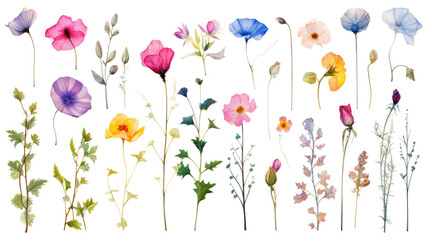 Wall Mural - set of watercolor wildflowers painting isolated on clear png background and transparent background. 