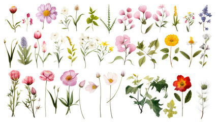 Wall Mural - set of watercolor wildflowers painting isolated on clear png background and transparent background. 