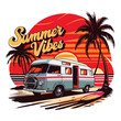 T-shirt design of tropical summer vibes only beach car style retro vintage illustration. retro illustration flat art design of a sunset with a classic camper van summer vibes