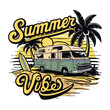 T-shirt design of tropical summer vibes only beach car style retro vintage illustration. retro illustration flat art design of a sunset with a classic camper van summer vibes