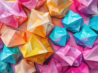 Icosahedron futuristic background, 3D render clay style, Abstract geometric shape theme, colorful