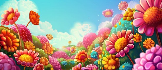 Poster - An exquisite painting capturing a meadow filled with colorful flowers under a vibrant blue sky, with magenta petals standing out against fluffy white clouds