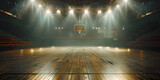 Fototapeta Przestrzenne - An empty basketball court is illuminated by spotlights, creating dramatic lighting effects. The scene depicts an empty basketball arena or stadium with spotlights, polished wood, and fan seats.