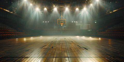 Wall Mural - An empty basketball court is illuminated by spotlights, creating dramatic lighting effects. The scene depicts an empty basketball arena or stadium with spotlights, polished wood, and fan seats.