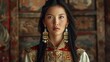 Beautiful Mongolian woman with long black hair, wearing a traditional white and red silk dress with gold patterns on the collar line and sleeves of her attire