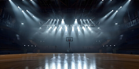 Wall Mural - An empty basketball court is illuminated by spotlights, creating dramatic lighting effects. The scene depicts an empty basketball arena or stadium with spotlights, polished wood, and fan seats.