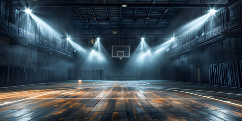 Wall Mural - An empty basketball court is illuminated by spotlights, creating dramatic lighting effects. The scene depicts an empty basketball arena or stadium with spotlights, polished wood, and fan seats.