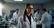 Follow a young woman scientist in a lab, wearing a white coat and glasses, leading with a skilled team