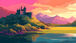 Scottish landscape with mountains and old castle by the lake. Illustration with beautiful landscape.
